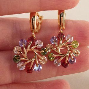 18K Yellow Gold Filled Flower Swirl Wheel Circle Diamond Zircon Dangle Earrings